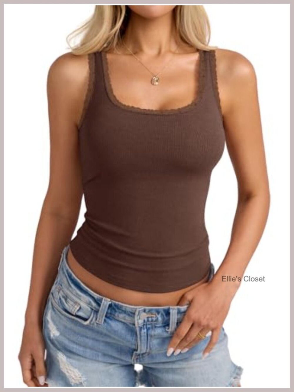 Women's Lace Trim Ribbed Tank Top Scoop Neck Camisole Cotton Stretch